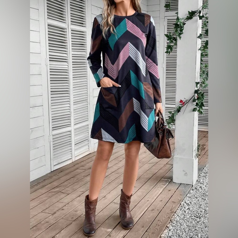 EMERY ROSE Striped Print Pocket Patched Dress